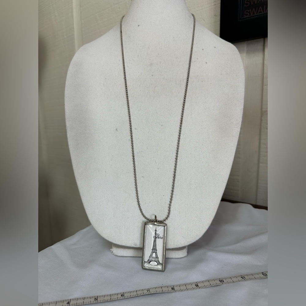 Long silvertone initial A necklace reversible side Paris